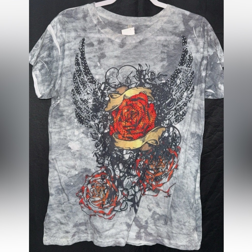 Graphic Short Sleeve Tee - Gray and Red bling wings Y2K xl